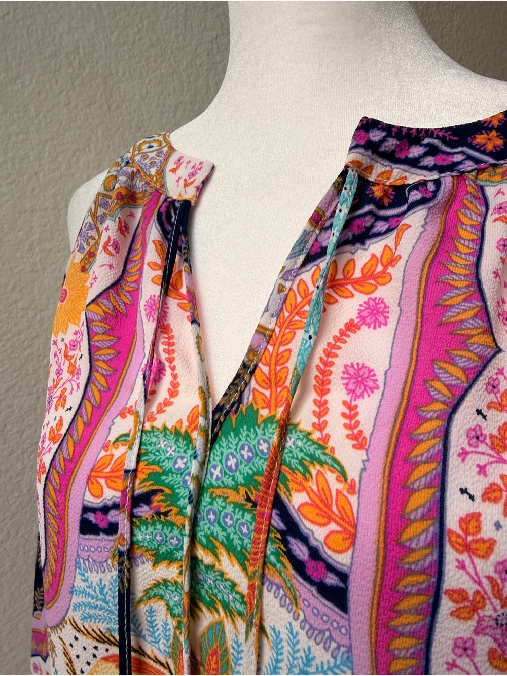 Rose + Olive Boho Paisley Border Print Tassel Tie Tank Top Large Resort Coastal - Picture 5 of 8